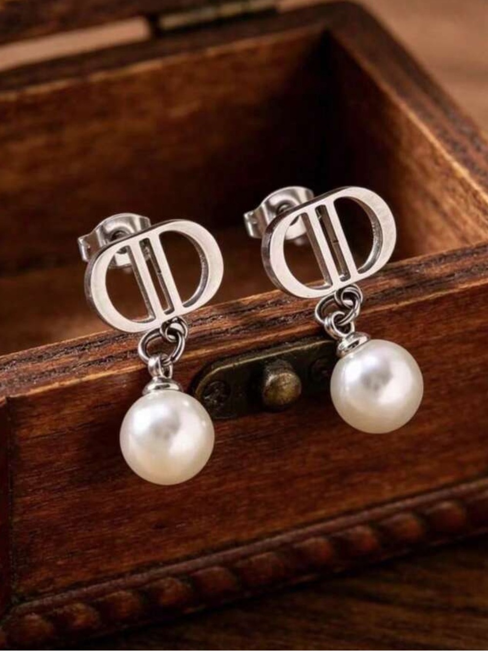 Silver Double D Drop Earrings with White Pearls